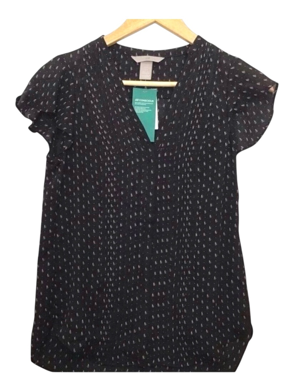 H&M Conscious NWT Black Print Flutter Sleeve Blouse Size 0 Lightweight Flowy Top